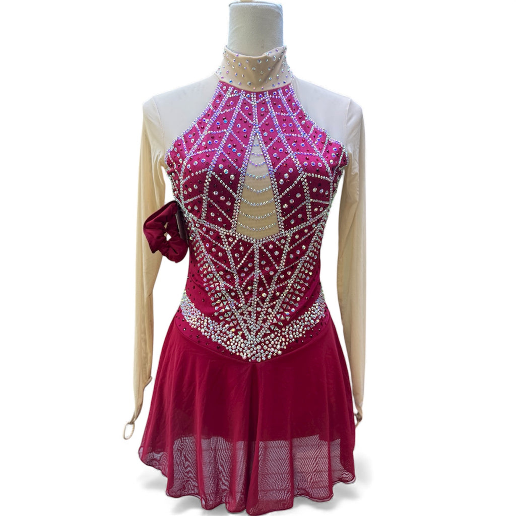 Figure Skating Dress ADULT SMALL Burgundy Lyrica Over Mesh Chiffon Skirt