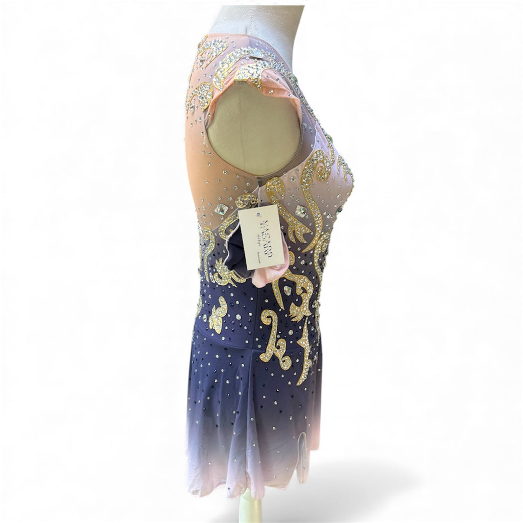 Figure Skating Dress Adult Small Mesh Over Mesh GREY/PINK/GOLD