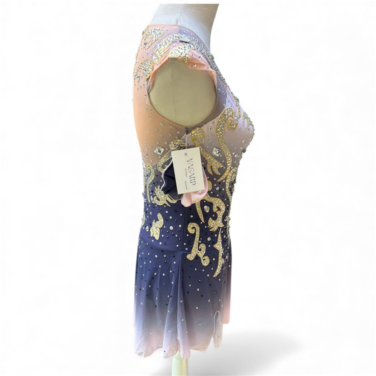 Figure Skating Dress Adult Small Mesh Over Mesh GREY/PINK/GOLD