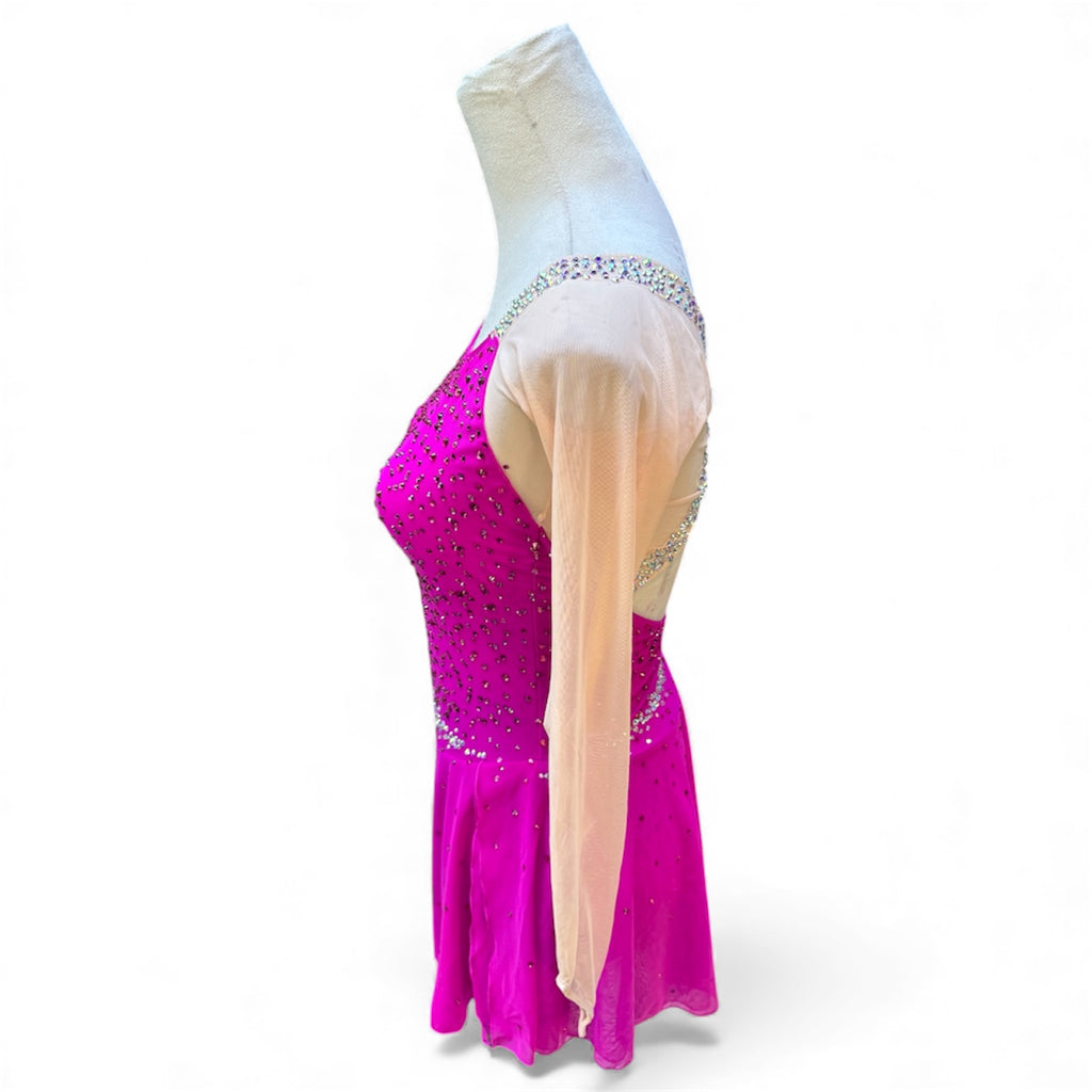 Freestyle Figure Skating Dress Hot Pink,Adult Small Mesh over Mesh