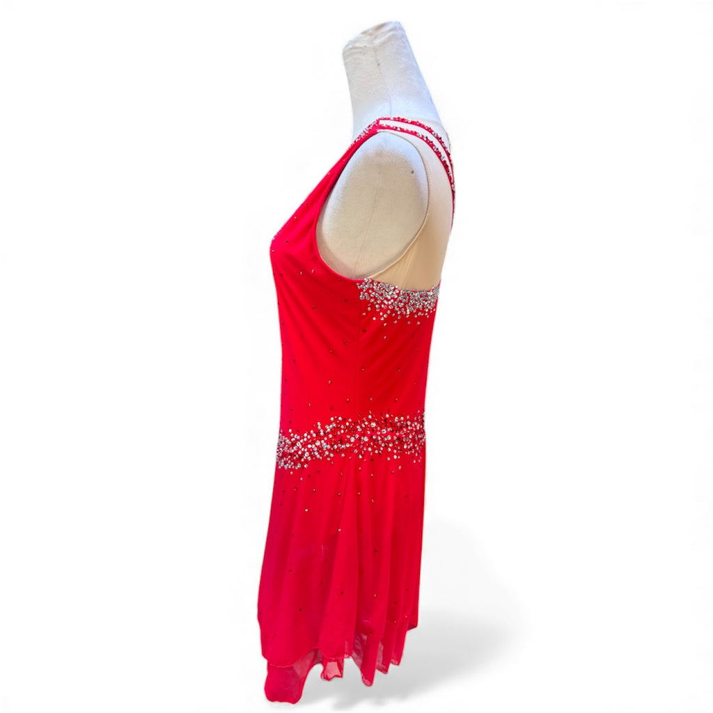 Red Freestyle Figure Skating Dress Adult Large/XL , Mesh over Mesh