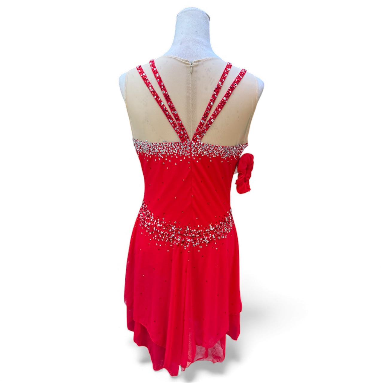 Red Freestyle Figure Skating Dress Adult Large/XL , Mesh over Mesh